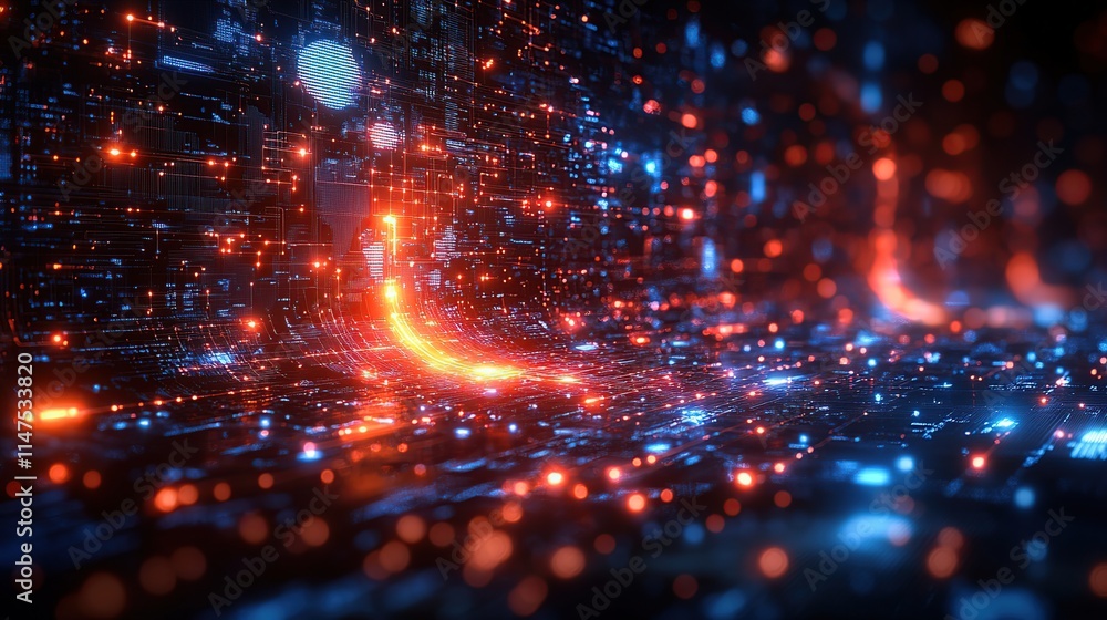 Poster abstract digital data flow with glowing orange and blue lines and particles.