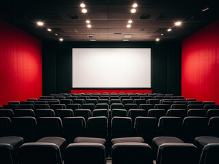 Fototapeta premium Empty movie theater with rows of black seats and a large projection screen 