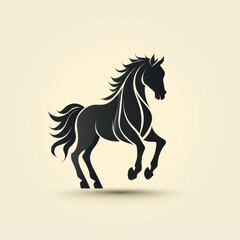 A stylized black silhouette of a rearing horse against a light background.