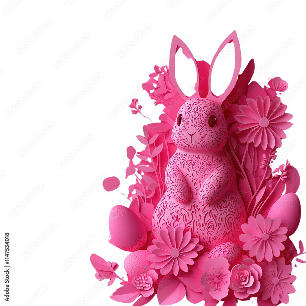 Poster a vibrant pink rabbit surrounded by an array of colorful flowers and decorative elements, creating a