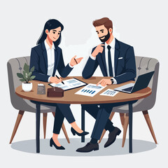Obraz premium partners meeting for business discussion with documents and laptop on desk.couple at round table ,speaking ,discussing work,partnership.flat vector illustration isolated on a white background