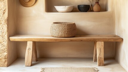 Light wooden bench with straight legs, a woven basket on top, minimalist neutral colors, wabi-sabi style, simple wall in the background, creating a calm, serene atmosphere for modern interior design.