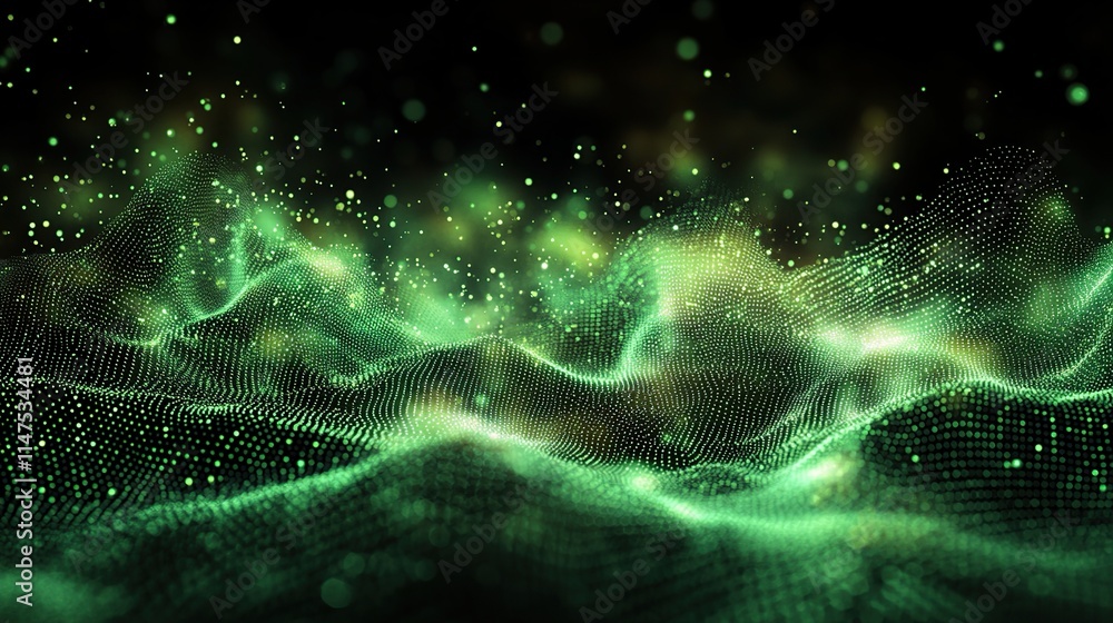 Poster abstract green wave particle background.
