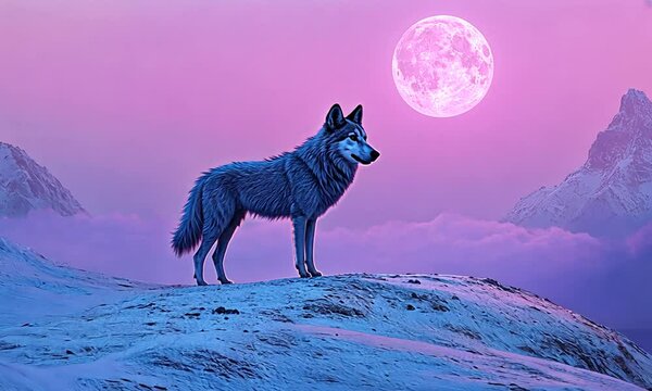 A majestic wolf stands on a snowy landscape under a large pink moon at dusk.