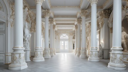 Naklejka premium Grand white hall with columns, sculptures, and ornate details.