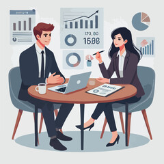 partners meeting for business discussion with documents and laptop on desk.couple at round table ,speaking ,discussing work,partnership.flat vector illustration isolated on a white background