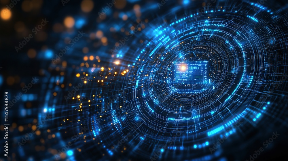 Poster abstract digital technology background with glowing circular network and central processor.