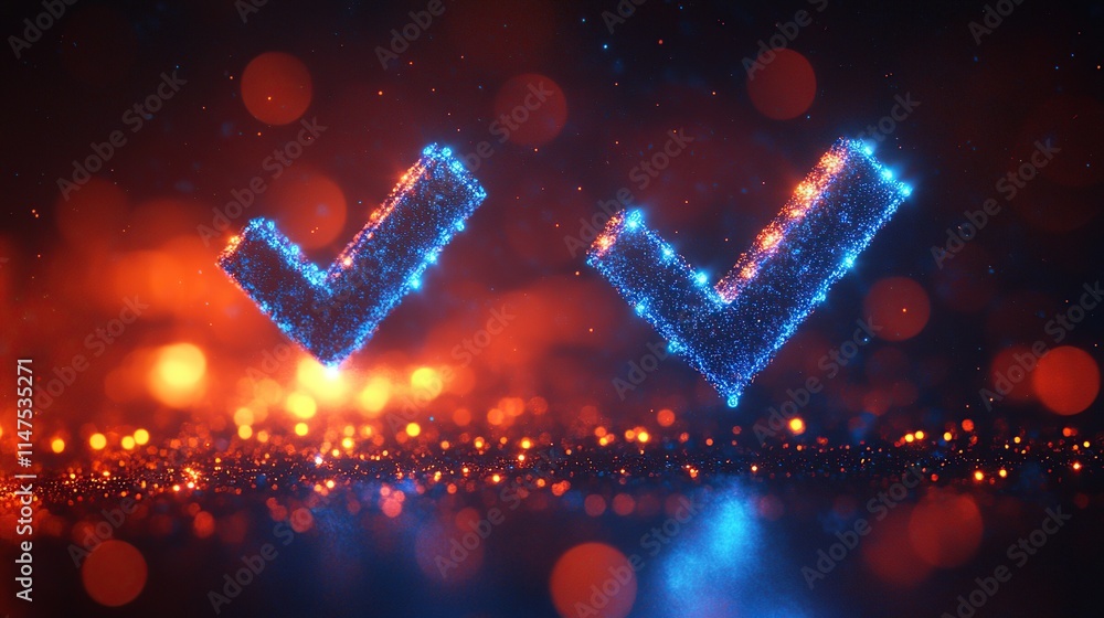 Poster two glowing blue checkmarks on dark background with bokeh.