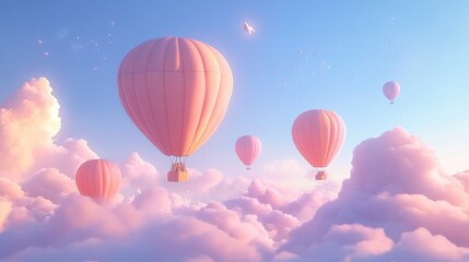 Naklejka premium Pastel pink hot air balloons float amidst fluffy clouds in a dreamy sky.