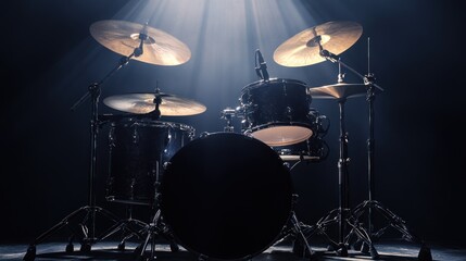 A professional drum set with cymbals and a bass drum, set up on a dark stage with spotlights shining on it.