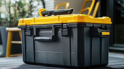 A black and yellow plastic tool box sits on a wooden deck outside a house.
