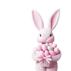 Fototapeta premium A pink bunny holds a basket filled with colorful Easter eggs, symbolizing celebration and joy.