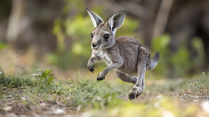 Fototapeta premium baby kangaroo hopping in Australian outback, full of energy and joy