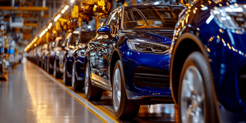 New cars moving along the assembly line in a car factory