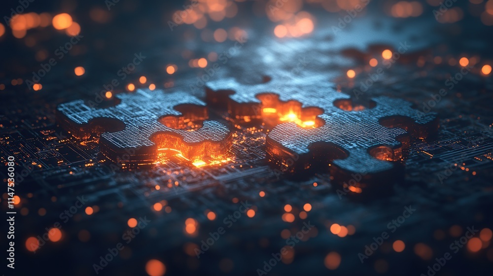 Poster two glowing puzzle pieces interlock on a dark circuit board background, symbolizing connection and p