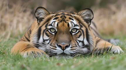 Obraz premium Majestic Malayan tiger lying in grass, intense gaze.