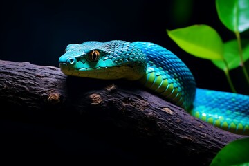 Fototapeta premium Close-up of a vibrant blue viper snake resting on a dark brown tree branch, surrounded by lush green leaves.