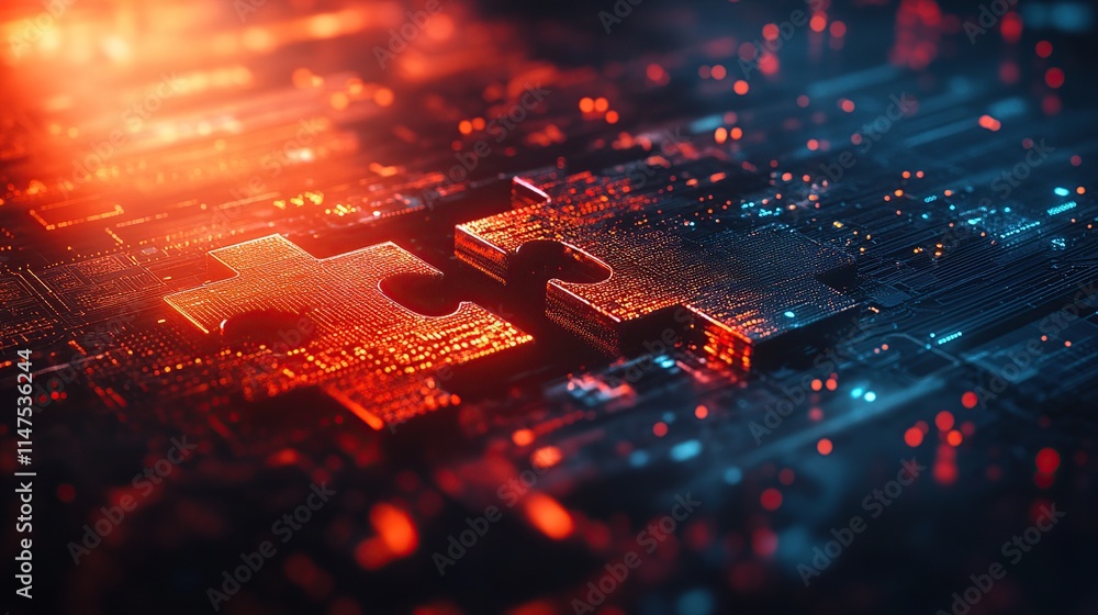 Poster two metallic puzzle pieces interlock on a futuristic circuit board, symbolizing connection and techn