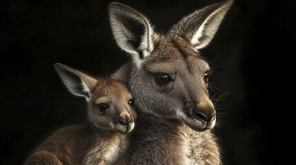 Fototapeta premium close up portrait of adult kangaroo and baby kangaroo dark background, showcasing their features