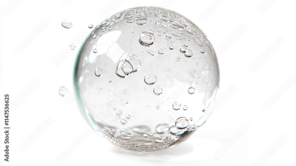 Poster clear spherical bubble with water droplets floating in the air.