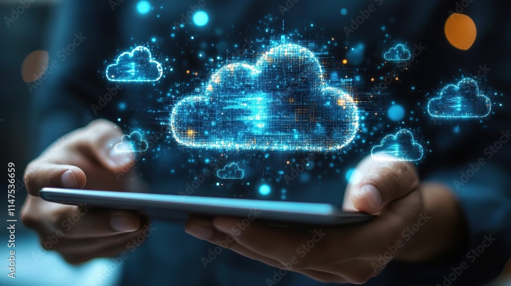 Poster person using tablet, digital cloud computing data storage concept.