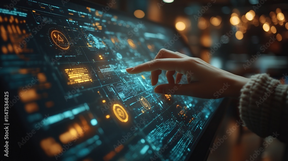 Poster close-up of a hand interacting with a futuristic, holographic touchscreen interface displaying data.