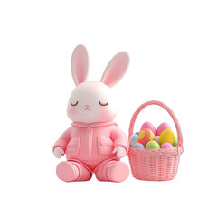 A cute pink bunny figurine seated beside a colorful basket filled with Easter eggs.