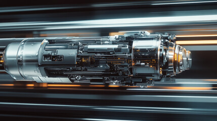 AI-Powered Train, Futuristic Transport, Metallic Components, Digital Rendering, Dynamic Composition