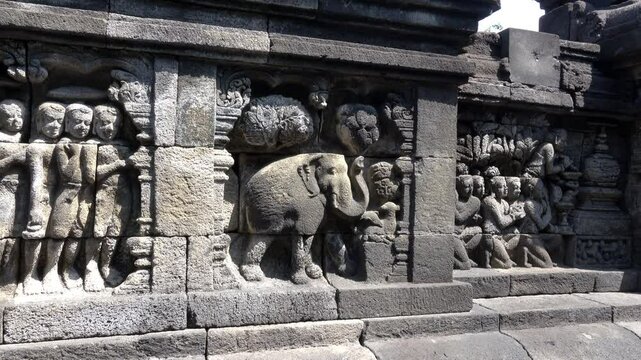 Buddhist parables are illustrated in the carvings of Borobudur temple in Indonesia.