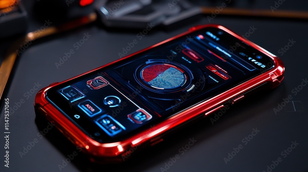 Poster a sleek, red-framed smartphone displays a high-tech interface, featuring various control buttons and