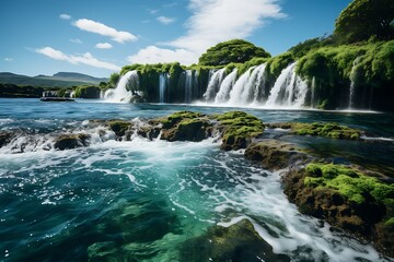 Fototapeta premium Serene waterfall cascading into a crystal-clear river, surrounded by lush green vegetation under a vibrant blue sky.