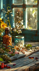 Fototapeta premium Natural supplements displayed rustic table with vibrant flowers and sunlight. glass jar and bottle filled with various pills create serene