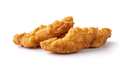 Crunchy fried chicken tenders served on a white background. 