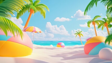 Vibrant Tropical Beach Scene with Colorful Beach Balls and Palms