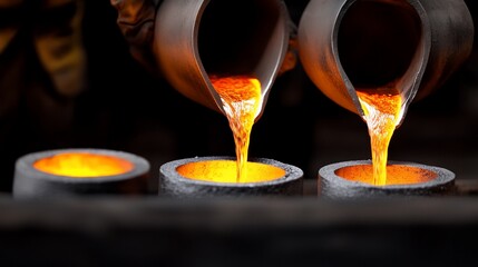 Molten metal being poured into molds in a foundry.