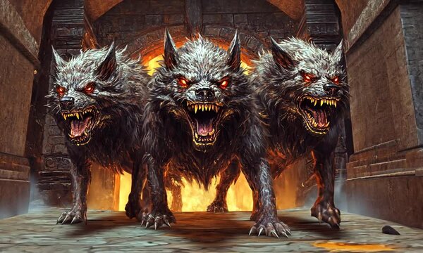 A fierce trio of three-headed wolves emerges from a fiery background, exuding menace.
