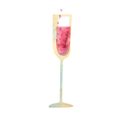 Tall glass of pink sparkling wine with bubbles. Feminine, girlish drink. Isolated watercolor illustration.