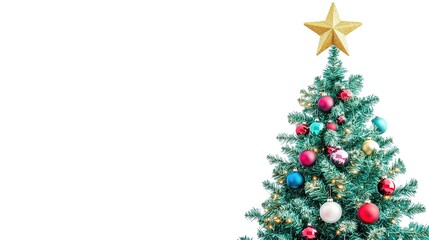 Fototapeta premium Festive Vector Christmas Tree with Colorful Ornaments and Sparkling Lights, Crowned with a Golden Star on Pure White Background