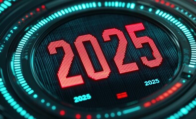 Futuristic Digital Display of Year 2025 with Neon Circles and Lights