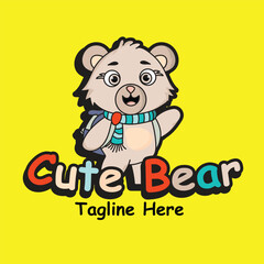 Cute bear cartoon mascot logo vector illustration for kindergarten and children use with isolated yellow background. Colorful Cute Bear kid logo.