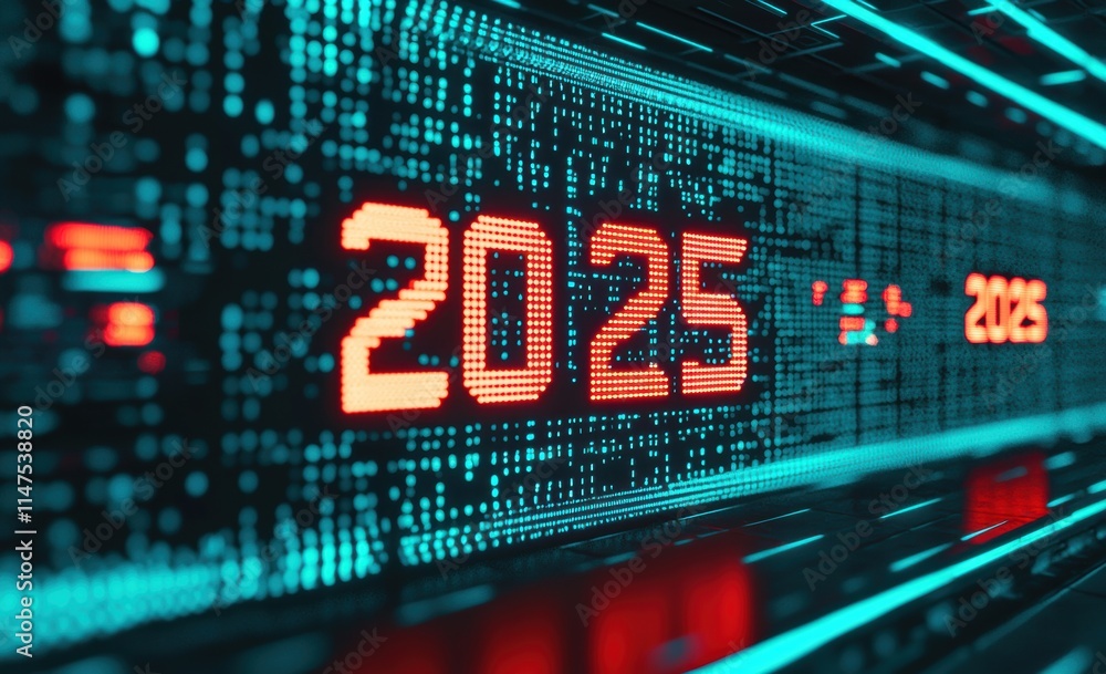 Aufkleber digital countdown display for year 2025 with glowing elements
