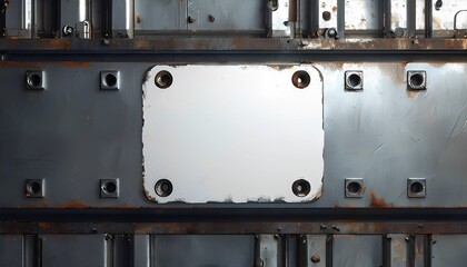 Industrial blank label tag on metal surface manufacturing facility close-up shot industrial environment direct view labeling concept