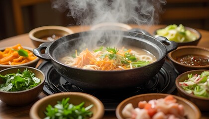 Close-Up of Vietnamese Hot Pot with Fresh Ingredients and Sauces