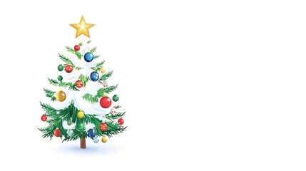 Naklejka premium Festive Vector Christmas Tree with Colorful Ornaments and Sparkling Lights, Crowned with a Golden Star on Pure White Background