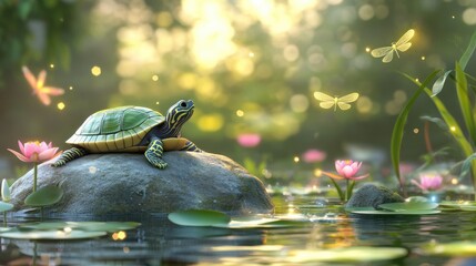 Turtle on Rock Surrounded by Water Lilies and Dragonflies in Nature