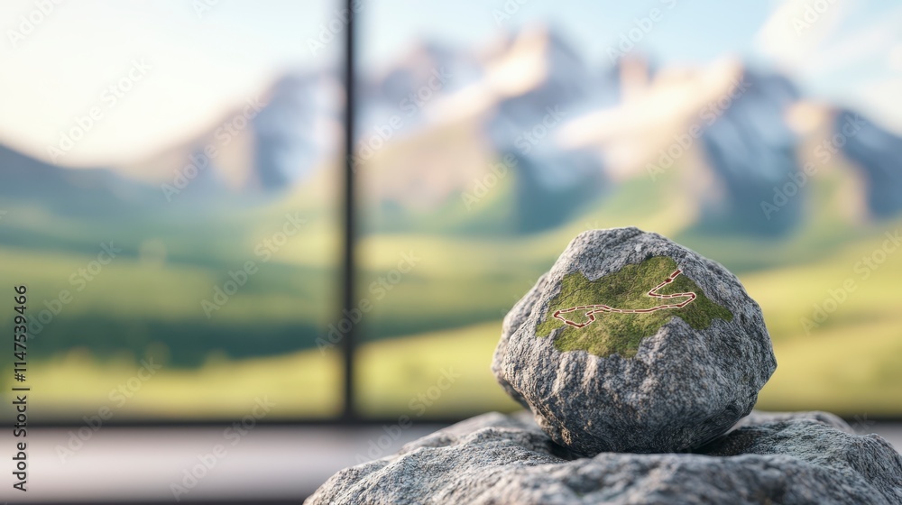 Poster a serene landscape featuring a rock in the foreground with mountains and greenery visible through a 