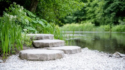 Stone steps leading to a tranquil river in a lush garden.