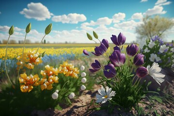 Vibrant wildflowers in a sunny field, showcasing diverse colors and textures under a bright blue sky with fluffy clouds.