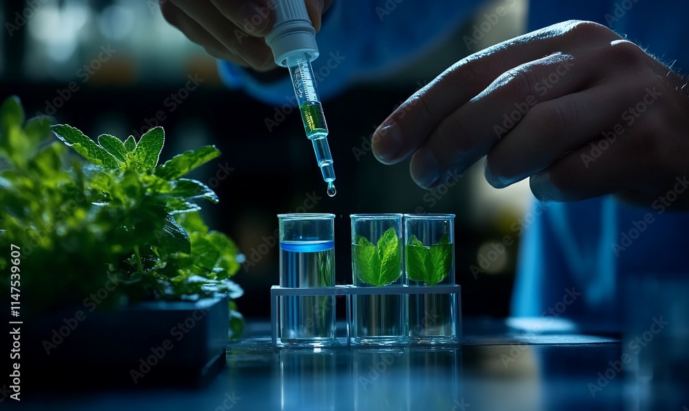 Poster scientist using pipette to add liquid to test tubes with plant samples.