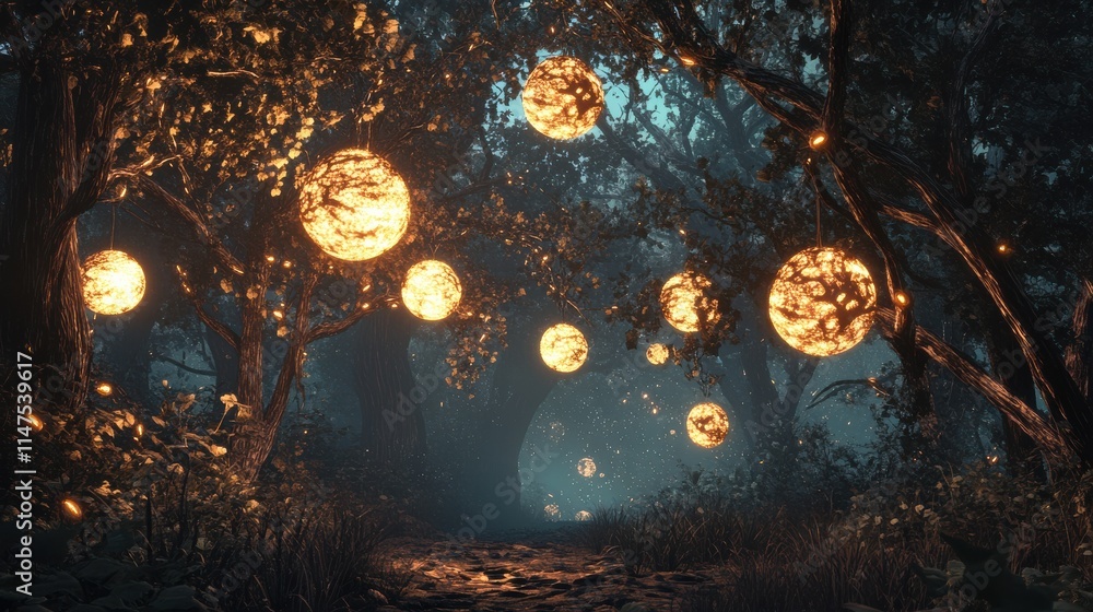 Poster mystical forest path with glowing orbs in enchanted twilight